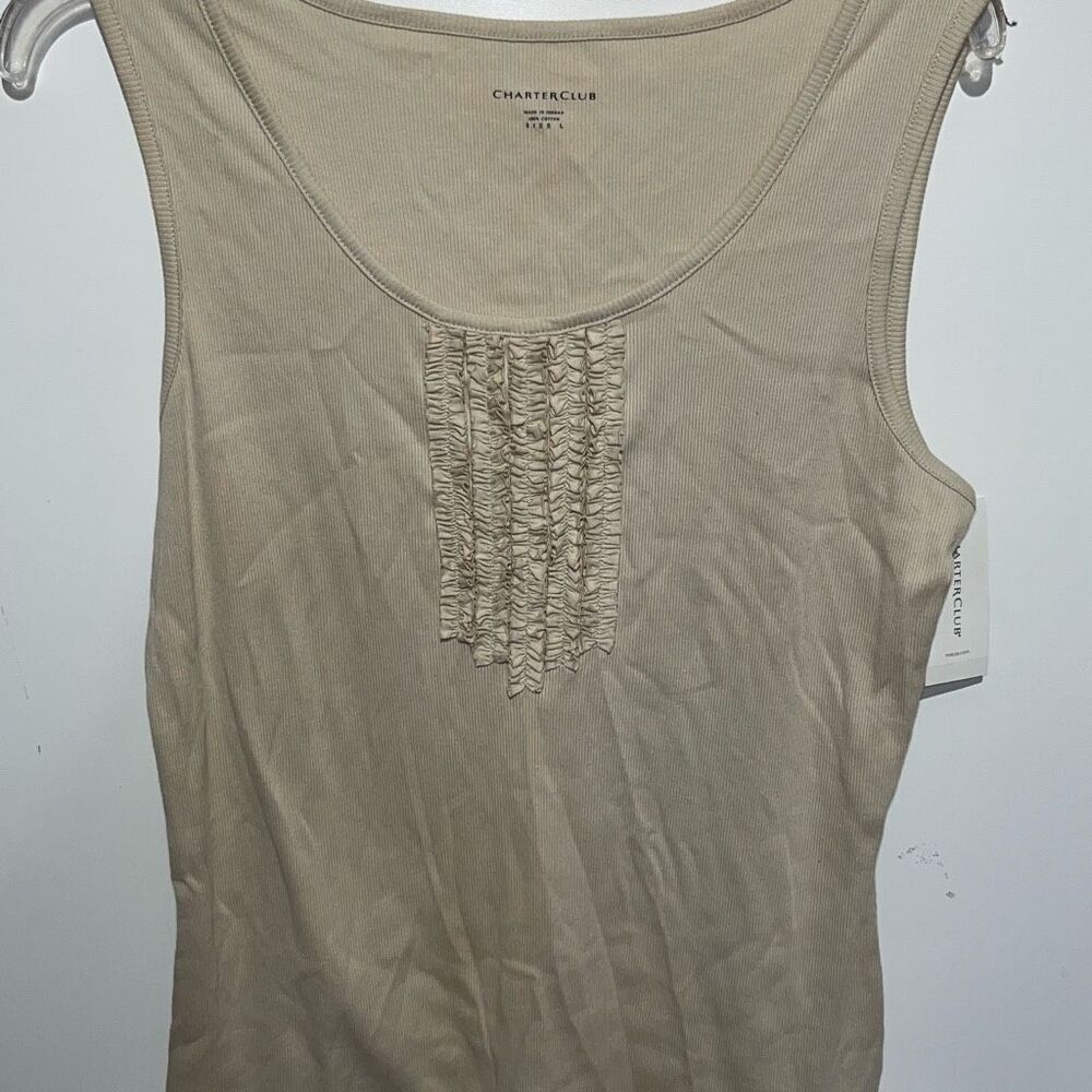 Charter Club Women's Sand Ruffled Scoop Neck Ribbed‎ Knit Tank Top Large NWT